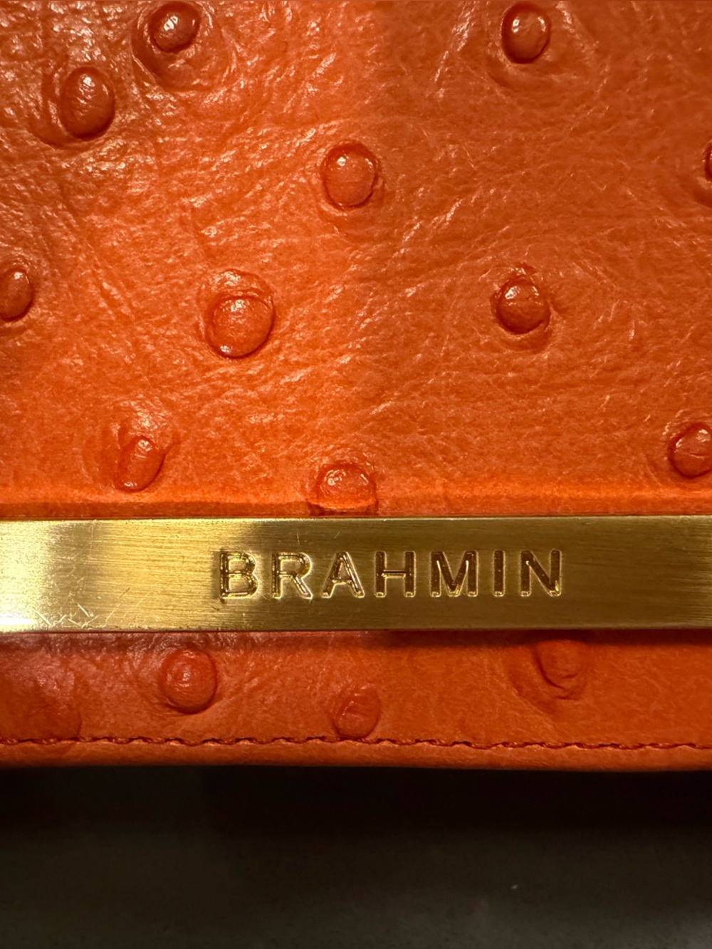 Brahmin Orange Ostrich-Texture Wristlet Clutch with Gold Plate - Picture 2 of 5